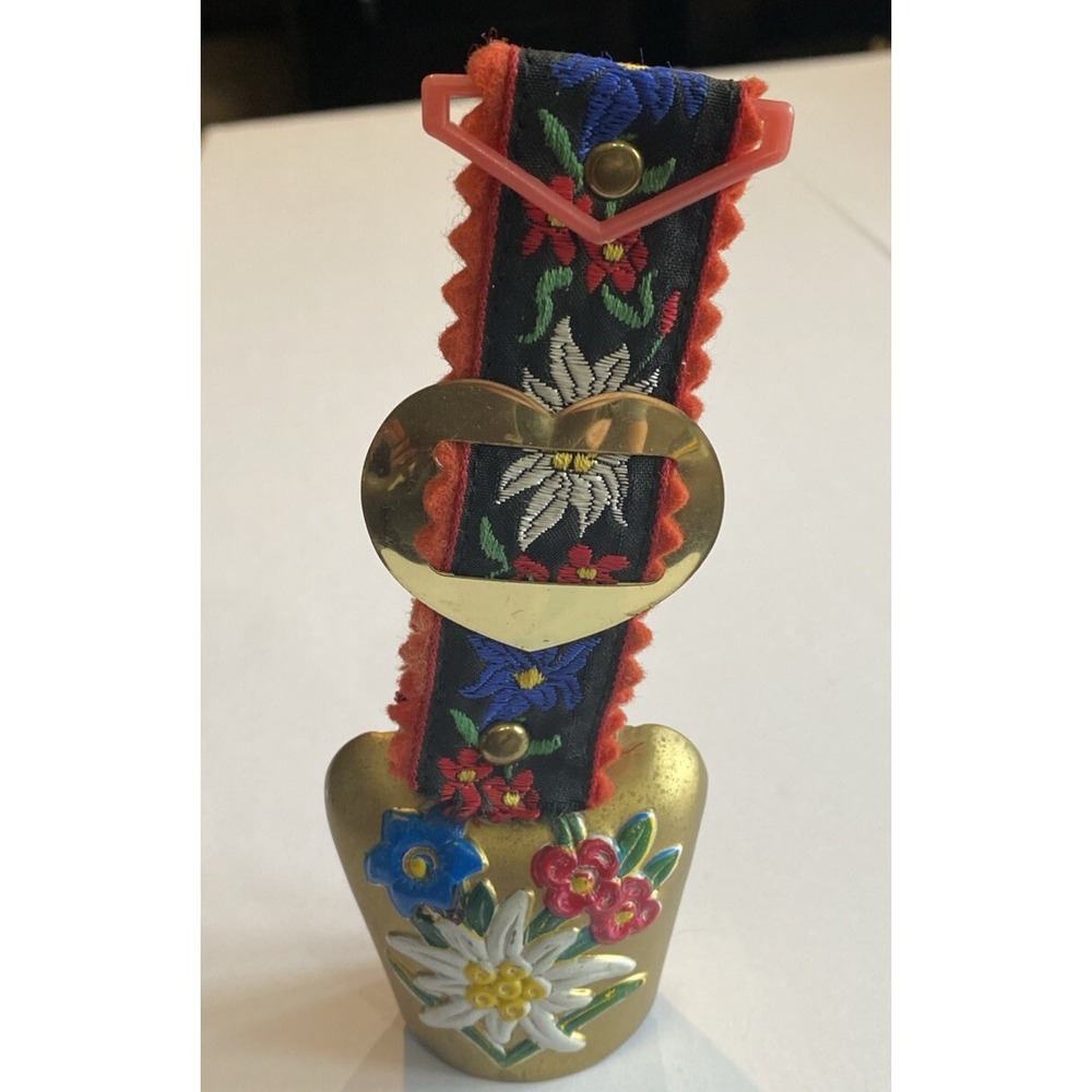 Vintage Swiss Scandanavian Brass Cowbell Floral Design Strap Ornament Christmas
